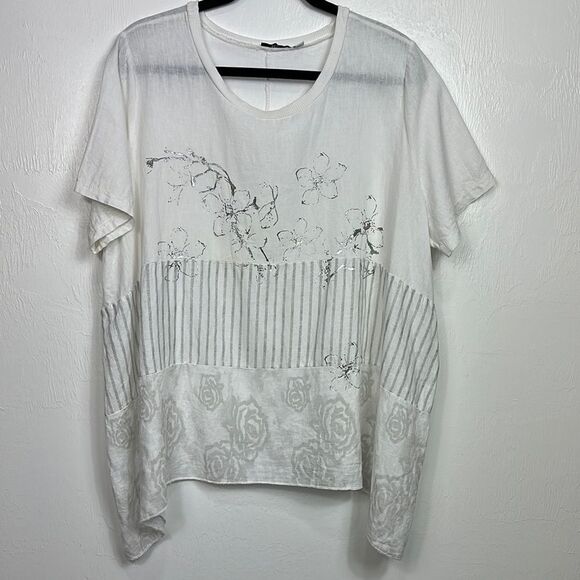 Kaktus Short Sleeve Linen Cotton Blend Floral Print Blouse Top Size M - Picture 1 of 7